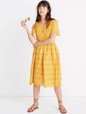 Madewell  Women’s Mustard Yellow Eyelet Midi Dress  Size 14